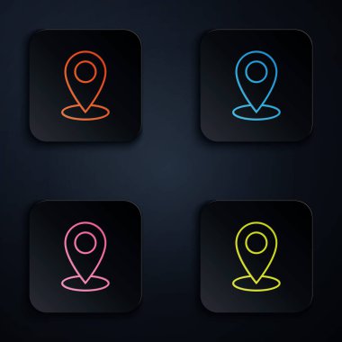 Beyaz arkaplanda renkli neon çizgisi harita pin simgesi. Navigasyon, işaret, konum, harita, GPS, yön, yer, pusula, temas, arama konsepti. Renkli kare düğmelere simgeleri yerleştir. Vektör İllüstrasyonu