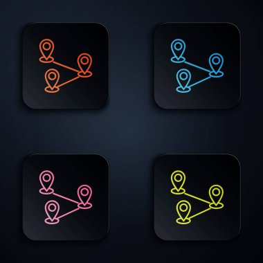 Renkli neon hattı rota simgesi beyaz arkaplanda izole edildi. Harita işaretçisi işareti. Yol ya da yol kavramı. GPS yön bulucu. Renkli kare düğmelere simgeleri yerleştir. Vektör İllüstrasyonu