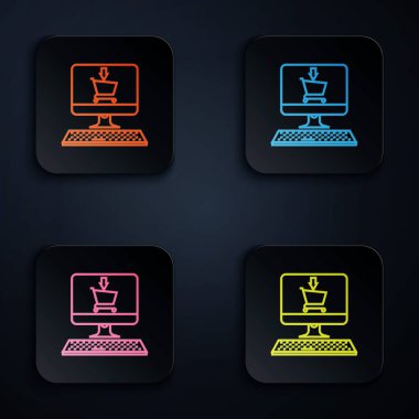 Ekran bilgisayarındaki renkli neon hattı alışveriş arabası beyaz arkaplanda izole edildi. Konsept e-ticaret, e-ticaret, online iş pazarlama. Renkli kare düğmelere simgeleri yerleştir. Vektör İllüstrasyonu