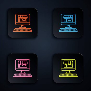 Renkli neon hattı Alışveriş binası beyaz arkaplandaki bilgisayar simgesinde. Konsept e-ticaret, e-ticaret, online iş pazarlama. Renkli kare düğmelere simgeleri yerleştir. Vektör İllüstrasyonu