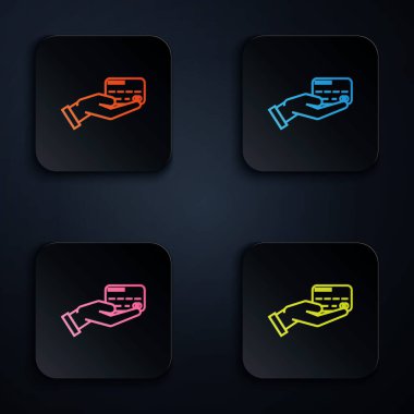 Beyaz arka planda izole edilmiş kredi kartı ikonu olan neon renkli insan eli. Çevrimiçi ödeme. Kartla öde. Finansal operasyonlar. Renkli kare düğmelere simgeleri yerleştir. Vektör İllüstrasyonu