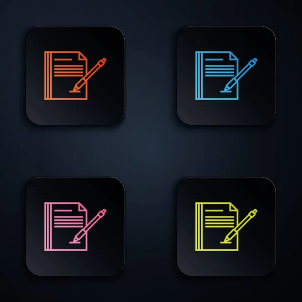 Kolor neon linii Blank notebook i ikona pióra izolowane na białym tle. Papier i długopis. Zestaw ikon w kolorowe kwadratowe przyciski. Ilustracja wektora — Wektor stockowy