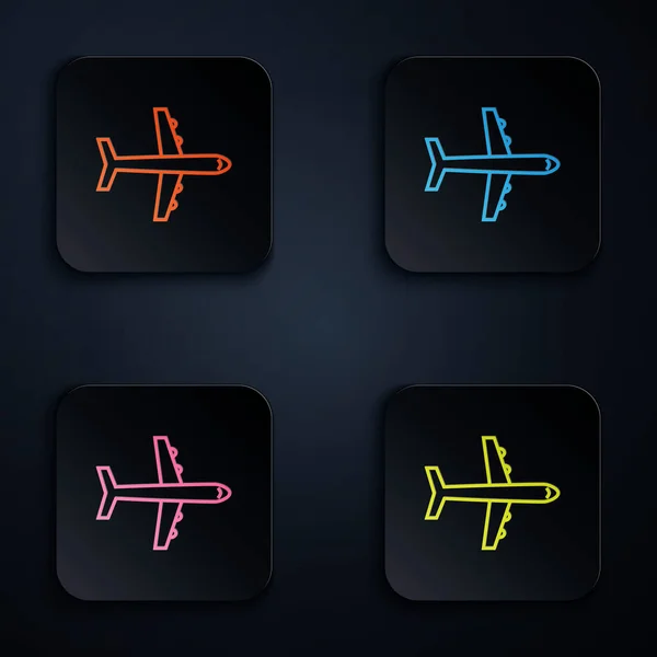 Szín neon vonal Plane ikon elszigetelt fehér háttér. Repülő repülő ikon. Repülőgép jel. Állítsa ikonok színes négyzet gombok. Vektorillusztráció — Stock Vector