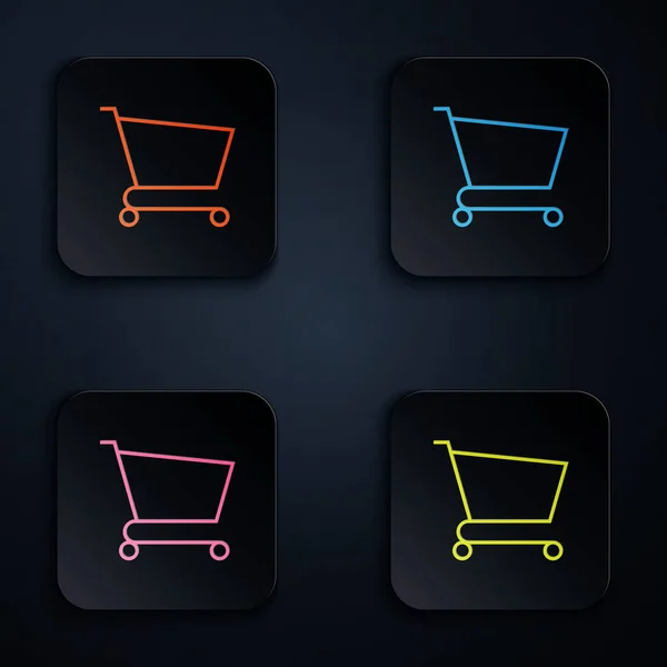 Color neon line Shopping cart icon isolated on white background. Online buying concept. Delivery service sign. Supermarket basket symbol. Set icons in colorful square buttons. Vector Illustration — Stock Vector
