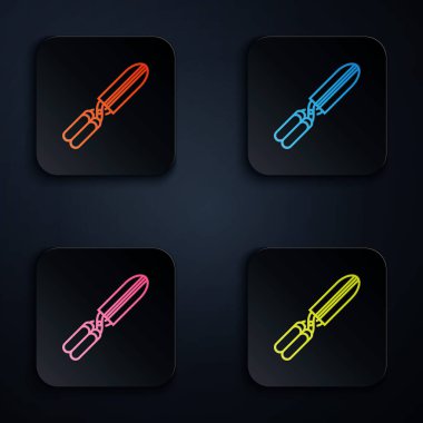 Beyaz arkaplanda izole edilmiş simgeyi budamak için renk neon çizgisi el yapımı makas. Ahşap saplı budama makası. Renkli kare düğmelere simgeleri yerleştir. Vektör İllüstrasyonu