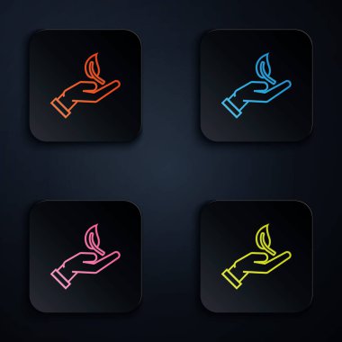 Color neon line Sprout in hand of environmental protection icon on white background. Seed and seedling. Planting sapling. Ecology concept. Set icons in colorful square buttons. Vector Illustration