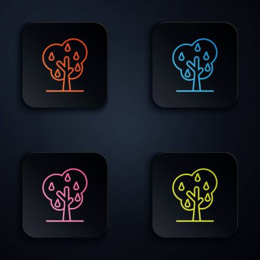 Beyaz zemin üzerinde armut simgesi izole edilmiş renkli neon çizgi ağacı. Tarım fabrikası. Organik tarım ürünü. Bahçe teması. Renkli kare düğmelere simgeleri yerleştir. Vektör İllüstrasyonu