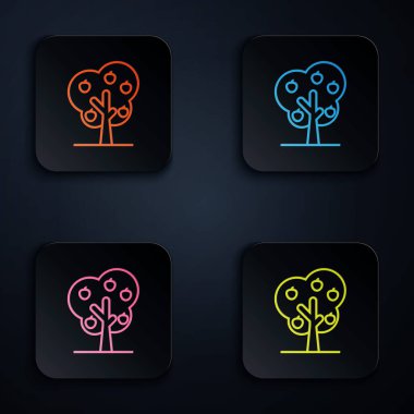 Color neon line Tree with apple icon isolated on white background. Agricultural plant. Organic farm product. Gardening theme. Set icons in colorful square buttons. Vector Illustration