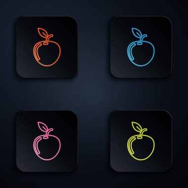 Apple simgesi beyaz arkaplanda izole edilmiş renkli neon çizgisi. Yaprak sembollü meyve. Renkli kare düğmelere simgeleri yerleştir. Vektör İllüstrasyonu