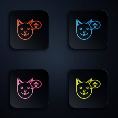 Renkli neon çizgisi Veterinerlik Kliniği sembolü beyaz arka planda izole edilmiş. Köpek veterinerliği ile karşılaştır. Evcil hayvan ilk yardım işareti. Renkli kare düğmelere simgeleri yerleştir. Vektör İllüstrasyonu