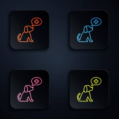 Renkli neon çizgisi Veterinerlik Kliniği sembolü beyaz arka planda izole edilmiş. Köpek veterinerliği ile karşılaştır. Evcil hayvan ilk yardım işareti. Renkli kare düğmelere simgeleri yerleştir. Vektör İllüstrasyonu