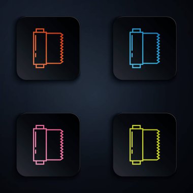 Renkli neon çizgisi kumaş rulo simgesi beyaz arkaplanda izole edildi. Yuvarlan, paspas, halı, halı, halı ya da kağıt rulo ikonu. Renkli kare düğmelere simgeleri yerleştir. Vektör İllüstrasyonu