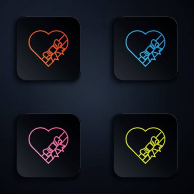Color neon line Candy in heart shaped box and bow icon isolated on white background. Valentines Day. Set icons in colorful square buttons. Vector Illustration
