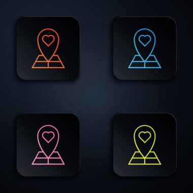 Beyaz arkaplanda kalp simgesi izole edilmiş renkli neon çizgi haritası işaretçisi. Sevgililer Günü. Aşk yeri. Romantik harita iğnesi. Renkli kare düğmelere simgeleri yerleştir. Vektör İllüstrasyonu