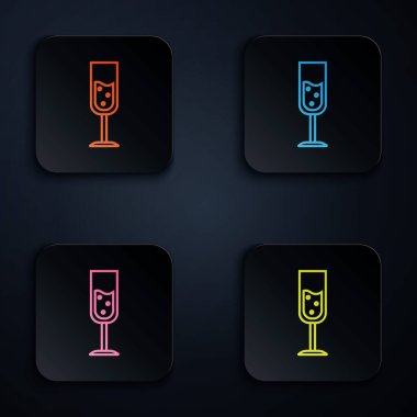 Renkli neon çizgisi beyaz arka planda izole edilmiş şampanya ikonu. Renkli kare düğmelere simgeleri yerleştir. Vektör İllüstrasyonu