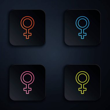 Beyaz arkaplanda izole edilmiş renkli neon çizgisi kadın cinsiyet simgesi simgesi. Venüs sembolü. Bir kadın ya da organizmanın sembolü. Renkli kare düğmelere simgeleri yerleştir. Vektör İllüstrasyonu