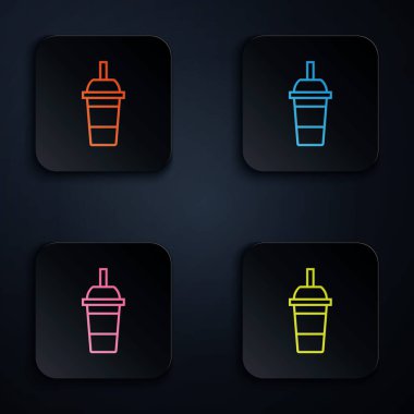 Beyaz zemin üzerinde saman ve su ikonu olan renkli neon şeritli kağıt bardak. Soda bardağı. Taze soğuk içecek sembolü. Renkli kare düğmelere simgeleri yerleştir. Vektör İllüstrasyonu