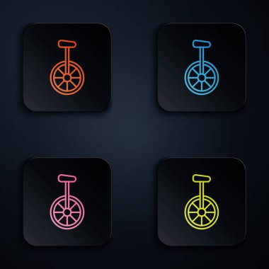 Renkli neon çizgili tek tekerlekli bisiklet veya beyaz arkaplanda izole edilmiş bir bisiklet ikonu. Tekerlekli bisiklet. Renkli kare düğmelere simgeleri yerleştir. Vektör İllüstrasyonu