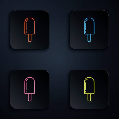 Renkli neon çizgisi dondurma ikonu beyaz arkaplanda izole edildi. Güzel sembol. Renkli kare düğmelere simgeleri yerleştir. Vektör İllüstrasyonu
