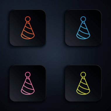 Renkli neon hattı Parti şapka simgesi beyaz arkaplanda izole edildi. Doğum günü şapkası. Renkli kare düğmelere simgeleri yerleştir. Vektör İllüstrasyonu