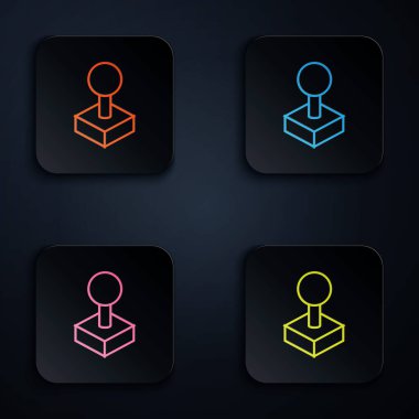 Beyaz arkaplanda izole edilmiş atari makinesi simgesi için renk neon çizgisi Joystick. Joystick oyun alanı. Renkli kare düğmelere simgeleri yerleştir. Vektör İllüstrasyonu