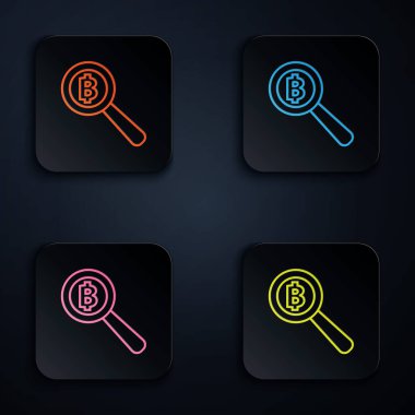 Beyaz zemin üzerinde Bitcoin simgesi olan renkli neon çizgi büyüteç. Madeni para. Engelleme zinciri tabanlı şifreli para birimi. Renkli kare düğmelere simgeleri yerleştir. Vektör İllüstrasyonu