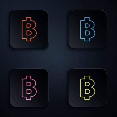 Renkli neon çizgisi Kripto para birimi beyaz zemin üzerinde Bitcoin simgesi. Madeni para. Engelleme zinciri tabanlı şifreli para birimi. Renkli kare düğmelere simgeleri yerleştir. Vektör İllüstrasyonu