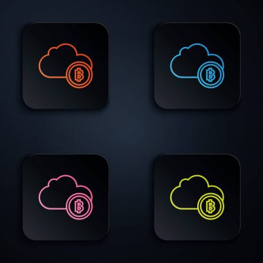 Beyaz arka planda renkli neon hattı Kripto para birimi bulut madencilik ikonu. Engelleme teknolojisi, bitcoin, dijital para piyasası, kripto para cüzdanı. Renkli kare düğmelere simgeleri yerleştir. Vektör İllüstrasyonu