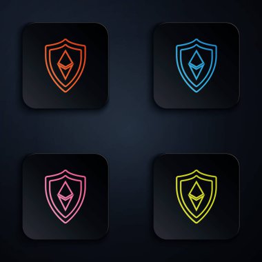 Beyaz arkaplanda renkli neon çizgi Ethereum Eth simgesi. Kripto para madenciliği, engelleme teknolojisi, güvenlik, koruma, dijital para. Renkli kare düğmelere simgeleri yerleştir. Vektör İllüstrasyonu