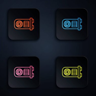Beyaz arka planda renkli neon hattı madencilik ikonu. Kripto para birimi madenciliği, engelleme teknolojisi, bitcoin, dijital para piyasası, cüzdan. Renkli kare düğmelere simgeleri yerleştir. Vektör İllüstrasyonu