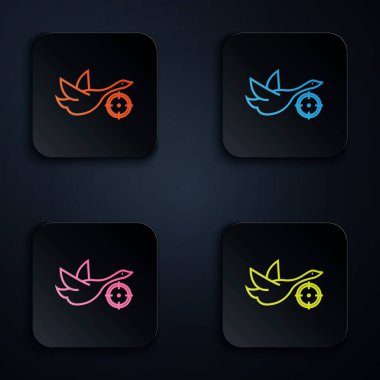 Renkli neon hat Hunt ördek üzerinde ve beyaz arkaplanda hedef simgesi var. Ördekli ve hedefli av kulübü logosu. Tüfek merceği ördeğe nişan alıyor. Renkli kare düğmelere simgeleri yerleştir. Vektör İllüstrasyonu