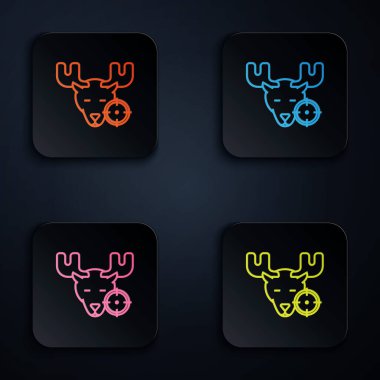 Renkli neon hattı, geyik avında, beyaz arka planda hedef simgesi var. Geyik ve hedefli av kulübü logosu. Tüfek merceği bir geyiği hedef alıyor. Renkli kare düğmelere simgeleri yerleştir. Vektör İllüstrasyonu