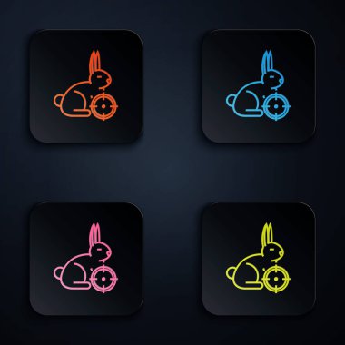 Renkli neon hattı, beyaz arka planda hedef ikonu olan tavşanda avlanıyor. Tavşanlı ve hedefli av kulübü logosu. Tüfek merceği tavşan nişan alıyor. Renkli kare düğmelere simgeleri yerleştir. Vektör İllüstrasyonu