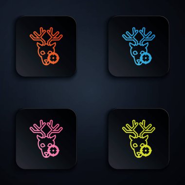 Renkli neon çizgisi beyaz arkaplanda hedef tahtası olan geyik avına çıkıyor. Geyik ve hedefli av kulübü logosu. Tüfek merceği bir geyiği hedef alıyor. Renkli kare düğmelere simgeleri yerleştir. Vektör İllüstrasyonu