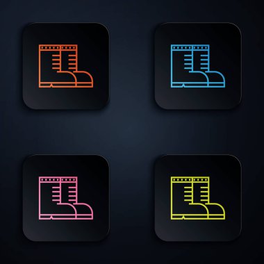Beyaz arkaplanda renkli neon çizmeli Hunter bot simgesi. Renkli kare düğmelere simgeleri yerleştir. Vektör İllüstrasyonu