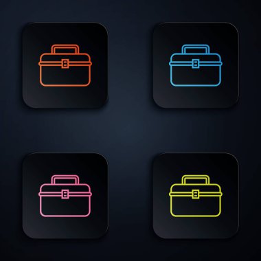 Renkli neon hattı kabı ya da sallanan kutu kutusu ve beyaz arka planda izole edilmiş balıkçılık ekipmanları ikonu. Balık oltası. Renkli kare düğmelere simgeleri yerleştir. Vektör İllüstrasyonu