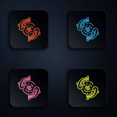 Renkli neon çizgisi. Beyaz arkaplanda balık simgesi izole edildi. Renkli kare düğmelere simgeleri yerleştir. Vektör İllüstrasyonu