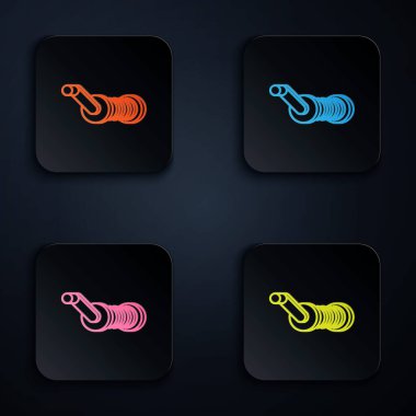 Beyaz arkaplanda izole edilmiş balık ikonu için renkli neon makarası. Balık bobini. Balık oltası. Renkli kare düğmelere simgeleri yerleştir. Vektör İllüstrasyonu