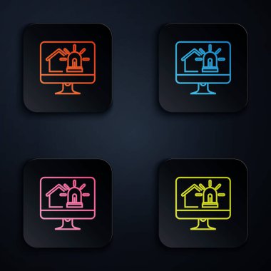Akıllı ev ve alarm simgesine sahip renkli neon hattı bilgisayar monitörü beyaz arkaplanda izole edildi. Akıllı evin güvenlik sistemi. Renkli kare düğmelere simgeleri yerleştir. Vektör İllüstrasyonu