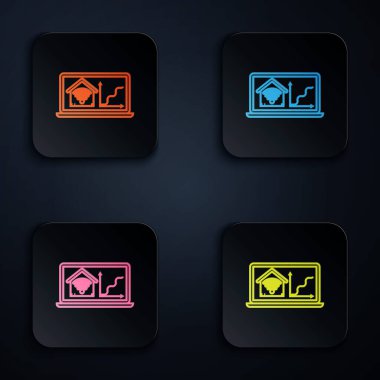 Beyaz arkaplanda kablosuz Wi-fi ikonu olan akıllı ev bilgisayarlı renkli neon hattı. Uzaktan kumanda. Renkli kare düğmelere simgeleri yerleştir. Vektör İllüstrasyonu
