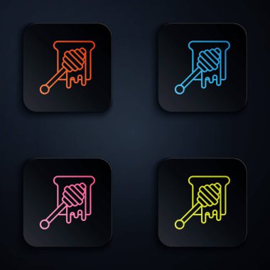 Beyaz zemin üzerinde bal damlayan bal ikonu olan renkli neon çizgisi. Tatlı kepçe. Renkli kare düğmelere simgeleri yerleştir. Vektör İllüstrasyonu