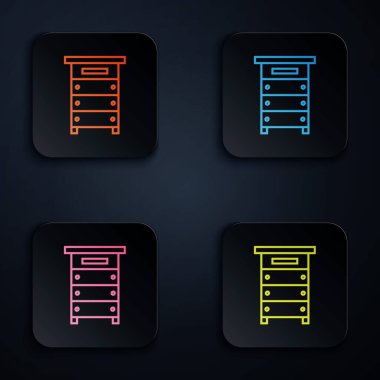 Beyaz arka planda izole edilmiş arılar için renk neon hattı kovanı. Arı kovanı sembolü. Apiary ve arı yetiştiriciliği. Tatlı doğal yemek. Renkli kare düğmelere simgeleri yerleştir. Vektör İllüstrasyonu