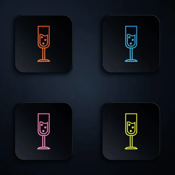 彩色霓虹灯线玻璃杯香槟酒图标隔离在白色背景. 在彩色正方形按钮中设置图标. 病媒图解 — 图库矢量图片