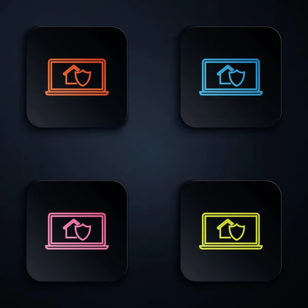 Barva neonové čáry Laptop s domem pod ochranou ikony izolované na bílém pozadí. Ochrana, bezpečnost, ochrana, obrana, obrana. Nastavit ikony v barevných čtvercových tlačítcích. Vektorová ilustrace — Stockový vektor