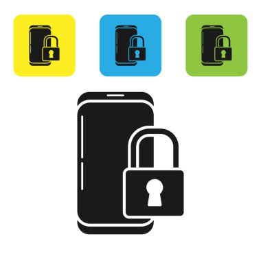 Beyaz arkaplanda kapalı asma kilit simgesine sahip siyah akıllı telefon. Kilitli telefon. Gezici güvenlik, güvenlik, koruma konsepti. Renkli kare düğmeleri ayarlayın. Vektör İllüstrasyonu