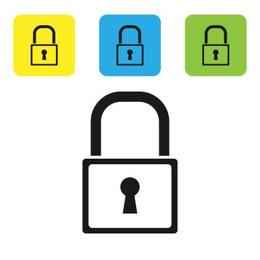 Siyah kilit simgesi beyaz arka planda yalıtılmış. Asma kilit işareti. Güvenlik, emniyet, koruma, gizlilik konsepti. Set simgeleri renkli kare düğmeler. Vektör Illustration