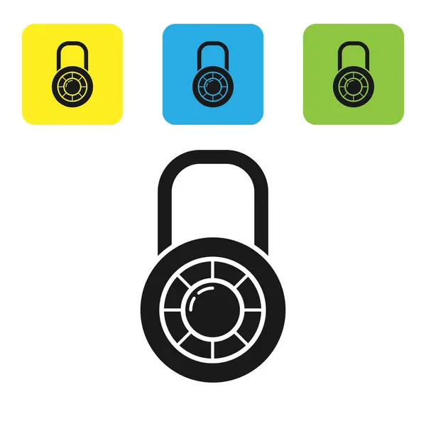 Black Safe combination lock wheel icon isolated on white background. Combination padlock. Security, safety, protection, password, privacy. Set icons colorful square buttons. Vector Illustration — Stock Vector