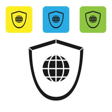 Beyaz arka planda dünya küresi ikonu olan Kara Kalkan. Güvenlik, güvenlik, koruma, gizlilik kavramı. Renkli kare düğmeleri ayarlayın. Vektör İllüstrasyonu