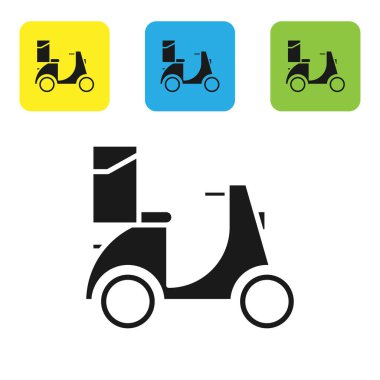Siyah Scooter teslimat simgesi beyaz arka planda izole edildi. Teslimat hizmeti konsepti. Renkli kare düğmeleri ayarlayın. Vektör İllüstrasyonu