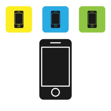 Beyaz arkaplanda izole edilmiş uygulama dağıtım simgesine sahip siyah mobil akıllı telefon. Paket takibi. Renkli kare düğmeleri ayarlayın. Vektör İllüstrasyonu